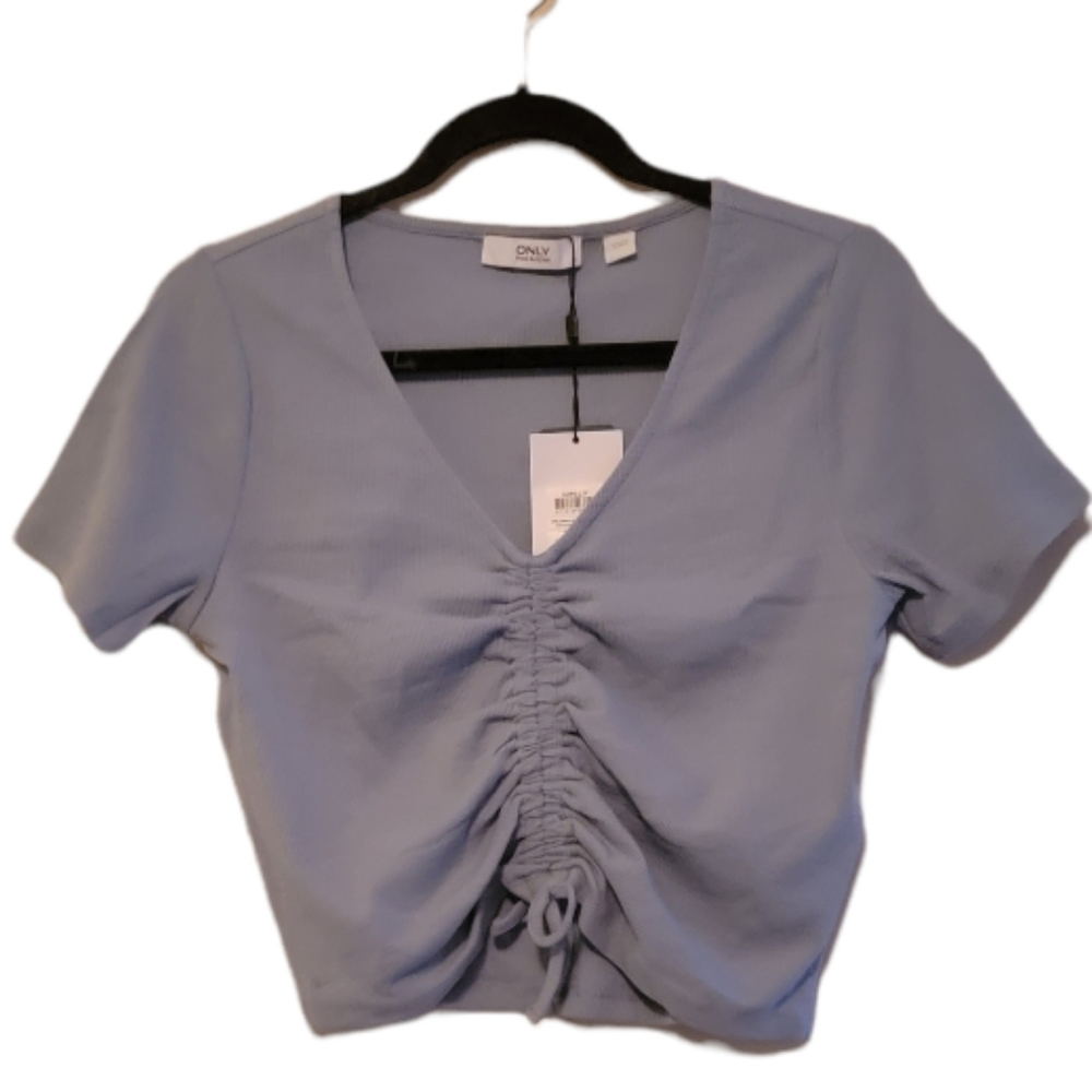 Blue ONLY Women's Ribbed Short Sleeve Ruched Crop Top